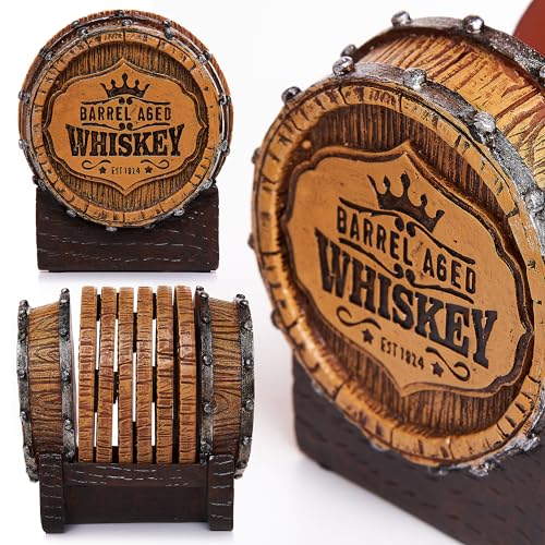 Cabin Obsession Whiskey Barrel Coaster Set – Handcrafted Whiskey Barrel Decor for Whiskey Lovers and Man Cave Gifts for Men - 6 Full Size Whiskey Coasters with Barrel Style Holder for Man Cave Décor - style: Whiskey Coasters