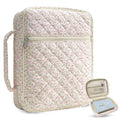 Large Bible Cover Case for Women, Large Floral Quilted Cotton Bible Carrying Cases Protective Bag with Handle and Zippered Pocket for Christian, Bible Study Supplies Christian Gifts (Pink Floral)