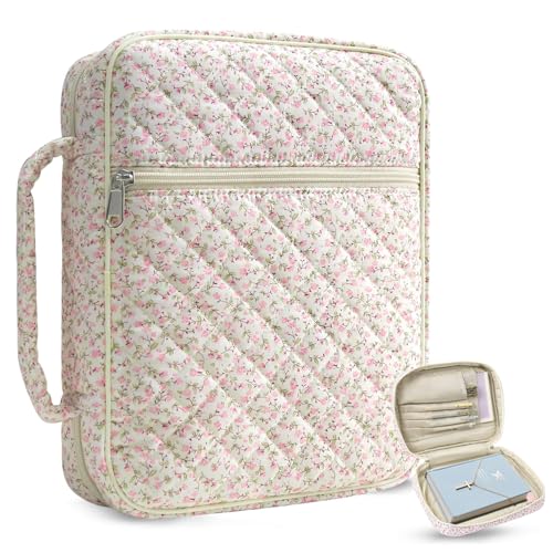 Large Bible Cover Case for Women, Large Floral Quilted Cotton Bible Carrying Cases Protective Bag with Handle and Zippered Pocket for Christian, Bible Study Supplies Christian Gifts (Pink Floral)