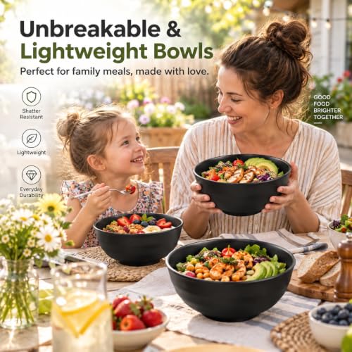 60oz Wheat Straw Bowls, Large Salad Bowls Set of 6 (Black) - color: Black, size: 60 Oz