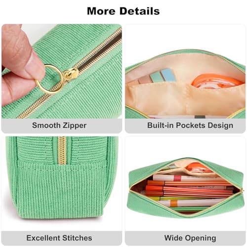 FINPAC Pencil Case, Corduroy Aesthetic Makeup Bag - color: Grass Green