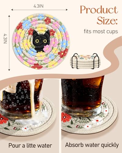 Drink Coasters Set of 4 - Cute Absorbent Cup Coasters for Drinks Coffee Table Office Home Desk Decor Soft Woven Cotton Cloth Braided Fabric Drinking Cup Mat with Holder Flower Cat Bird Plants - style: Cat Flowers Bird