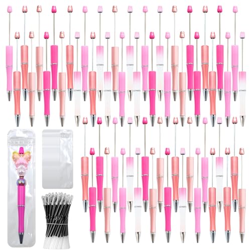 300 Pieces DIY Beadable Pen Kit – 100 Plastic Ballpoint Pens with Refills & Bags – School Supplies, Office Accessories & Decorative Items for Students & Teachers (Pink) - color: Pink color, size: 100