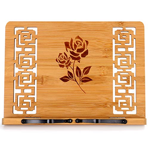 MEGREZ Foldable Bamboo Book Stand Adjustable Cookbook Reading Holder - color: Rose
