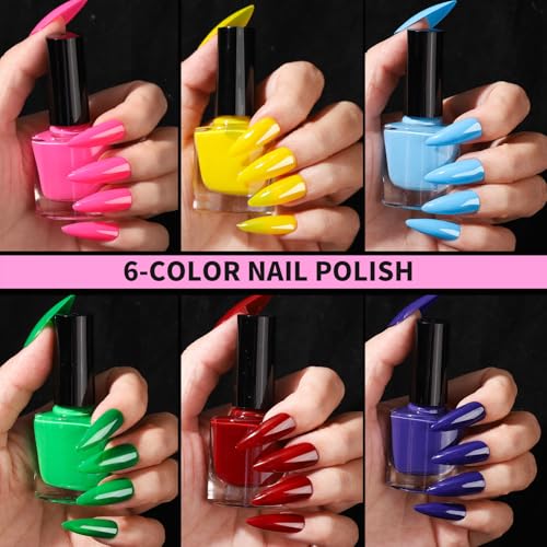 FANDAMEI Nail Art Kit, 54 Pcs Nail Tool Set with 6-Color Nail Polish, 20 PCS Nail Art Brushes, 2 Box False Nail Tips, 6 Jar Chrome Nail Powder, 4 Box Nail Charms, 10 Sheet Nail Stickers for Beginners