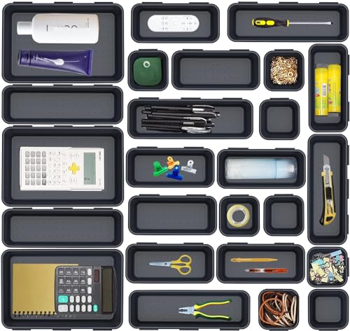 Kutesna 25PCS Interlocking Drawer Organizer, Plastic Desk Organizer Set - color: Black, size: 25 pieces