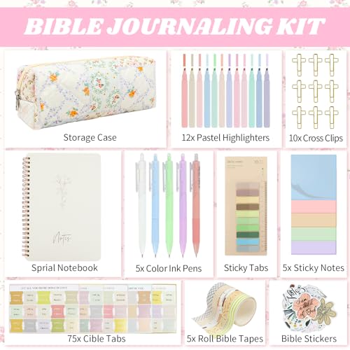 Bible Study Supplies Journaling Kit with Pen Cas, Tabs, Notebook and No Bleed Highlighter, Aesthetic Book Annotation Kit, Christian Gifts for Women Grils Friends(Spliced Flower) - color: Spliced Flower