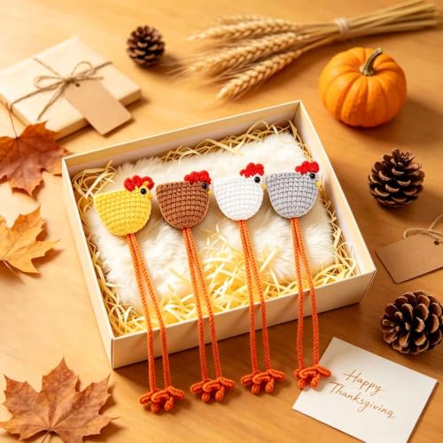 4 Pack Fall Crochet Chicken Bookmarks Chick Book Marks for Reading Gifts - color: Colorful Chicken