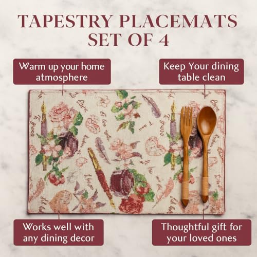 DaDalogy Set of 4-Pieces Authentic Tapestry Placemats - Spring Floral Vintage Looking Love Notes Quil Romantic British Roses - Heart Decorative Woven Dining Under Plate Table Mats - 13” x 19” - color: Love Note