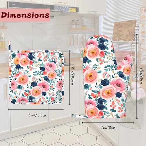 Pink Flowers Heat-Resistant Silicone Oven Mitts and Pot Holders,Long Oven Gloves with Non-Slip Grip for Cooking, Baking, Grilling,BBQ - color: Pink Flowers