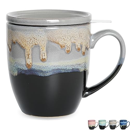 Bosmarlin Ceramic Tea Cup with Infuser and Lid, 16 Oz, 4 Color to Choose Dishwasher and Microwave Safe, Steeping Tea Mug with Strainer (Grey) - color: Gray
