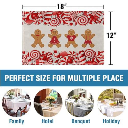 Ansouyi Placemats Set of 6, Christmas Candy Cane and Gingerbread Man Washable Heat Resistant Linen Table Mats, Kitchen Decor Non-Slip Place Mats for Party Dining, 12x18 Inch - color: Gingerbread