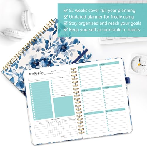 Taja Undated Weekly Planner, To Do List Notebook with Habit Tracker, A5 - color: e.Blue Blossom