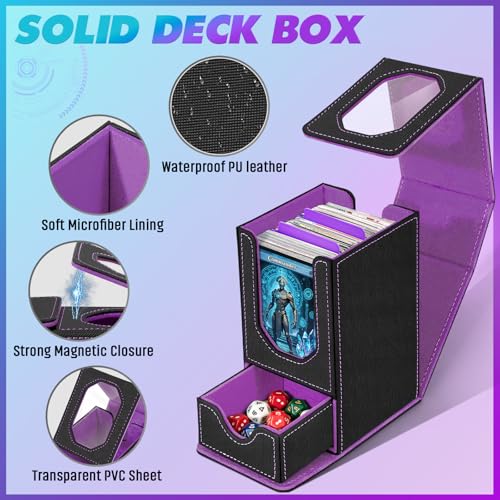 Card Deck Box for MTG Commander, Fits 100+ Double-Sleeved Cards Card Case - color: Black and Purple