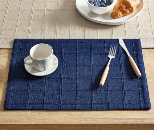 ZeeMart Linen Checked Farmhouse Placemats Set of 4, Navy Blue 13x19in - color: Navy Blue, size: Set of 4