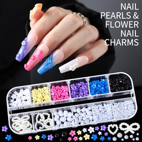 Teenitor Nail Charms Nail Gems with 15 Sheets Gold Nail Stickers, 6 Boxes of Rhinestones for Nails Art Tools, 3D Nail Decals Pearls for Nails - color: Multi-color