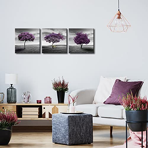 Pyradecor 3 Piece PURPLE TREES CANVAS PRINTS WALL ART Fall Forest Pictures Paintings for Living Room Bedroom Home Office Decorations Modern Stretched Landscape Artwork - size: 12 x 12 inch x 3 pcs (30 x 30 cm x 3 pcs)