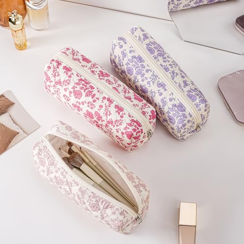 Cute Floral Cotton Makeup Brush Cosmetic Bag for Women, Travel Quilted Zipper Make Up Bag, Flowers Toiletry Organizer Case Kawaii Makeup Cosmetic Travel Cloth Pouch (Big Purple Floral) - color: 18 Big Purple Floral