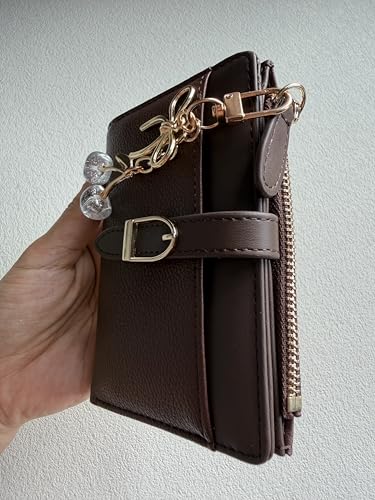Small Wallet for Women PU Leather Trifold Card Holder with Coin Pocket & Cute Cherry Keychain (Coffee) (Coffee)