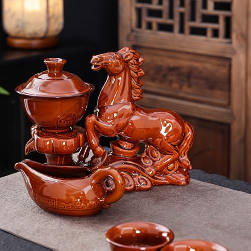 Chinese Gongfu Tea Set - Ceramic Teapot with Infuser, 8 Cups, Semi Automatic Horse Design for Loose Leaf Tea - color: Red Horse - A