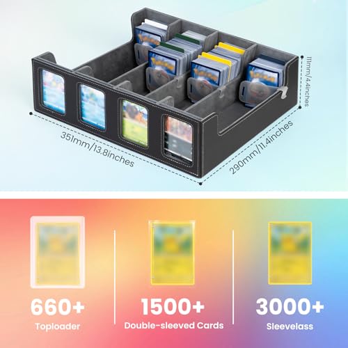 Trading Card Storage Box with Commander Display, 4-Row Deck Case with Removable Lid & Handle, 3000+ Card Organizer with 24 Colorful Dividers & 4 Stoppers for MTG, Black & Grey - color: Black & Grey, size: 3000+, with Handle