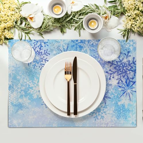 Blue Snowflake Winter Placemats Set of 4 Xmas Snow Place Mat Merry Christmas Linen Fabric Table Mats Washable Heat Resistant Placemat for Farmhouse Kitchen Dining Party Decoration - color: Blue Snowflake