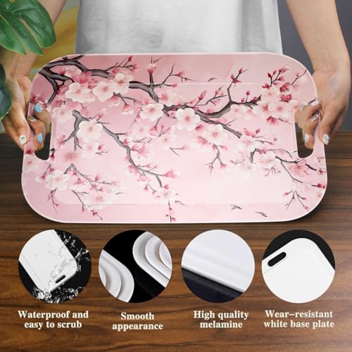 Serving Trays with Handles, 14.5 x 9.8 inch Rectangular Plastic Tray for Restaurant, Kitchen, Pink Cherry Blossom - color: Pink Cherry Blossom