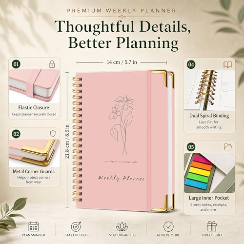 Undated Weekly Planner, Weekly To Do List Notebook with Habit Tracker, A5 - color: Pink
