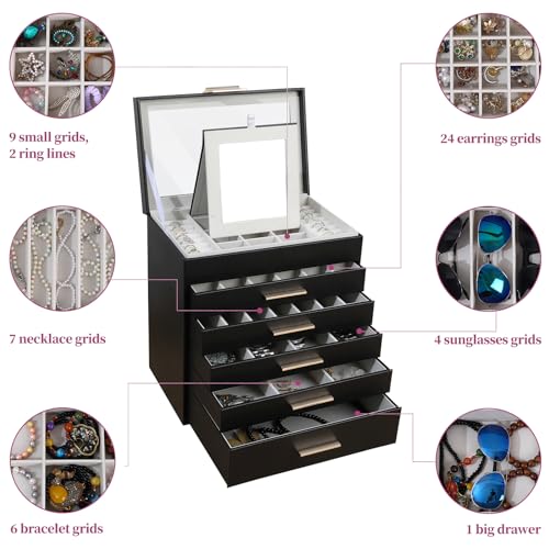 BOOVO Jewelry Boxes for Women, White and Black 6 Layer Large Jewelry Box for Necklace, Bracelet, Earrings, Rings Storage, Jewelry holder Organizer for Girls Gift (Clear Black, 6 layer) - color: Clear Black, size: 6 layer