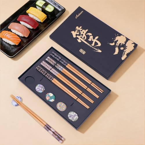 Antner 5 Pairs Reusable Bamboo Chopsticks with Ceramic Rests, 8.8 Inch Japanese Style Chop Sticks with Chopstick Holders for Sushi Ramen Asian Cuisine, Elegant Black Gift Box for Home or Gift Giving - color: Geometric Floral Print Chopsticks Set