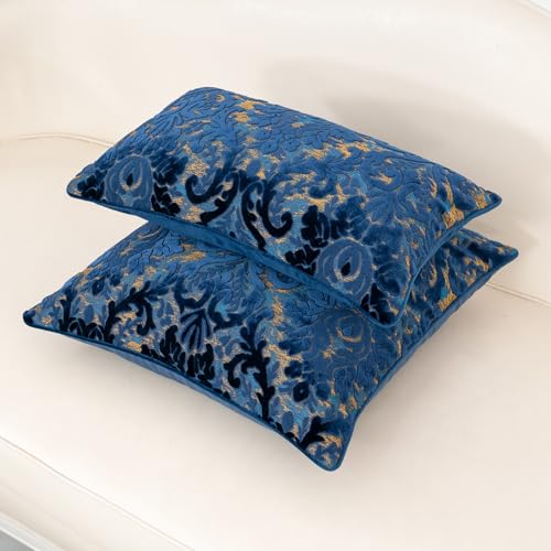Alerfa Boho Blue Floral Throw Pillow Cover 18x18 Inch Cut Velvet Sqaure Luxury Embroidered Decorative Pillow Cover for Couch Living Room Bedroom - color: Blue, size: 18" x 18" (Pack of 1)