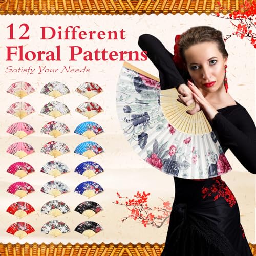 Unittype 24 Pcs Floral Folding Hand Fans for Women, Handheld Fans, Chinese - style: Chinease Style