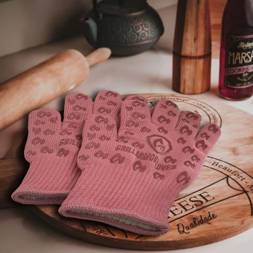 Grill Armor Oven Gloves with Fingers – 932°F Heat, Fire & Cut Resistant Mitts for BBQ, Grill, Cooking, Grilling, Baking, Smoker & Fire Pit - color: Pink, size: Small Standard Cuff