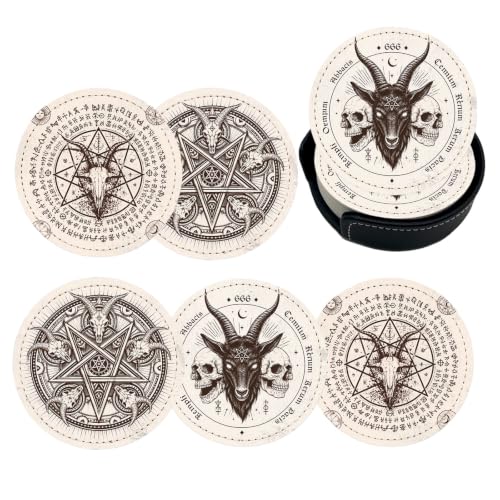 Satan Goat Skull Coasters for Drinks with Holder Leather Coasters Set of 6 for Coffee Table - color: Satan Goat