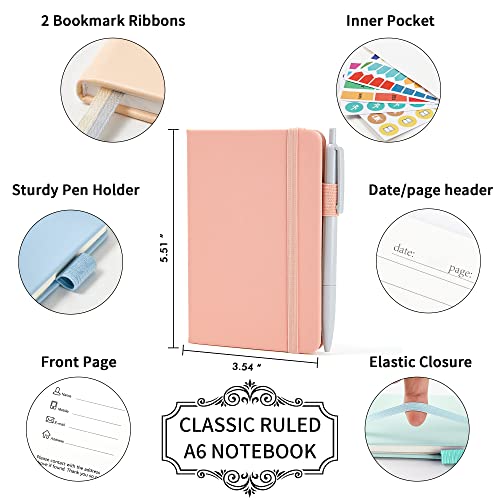 feela 6 Pack Pocket Small Notebooks Bulk, Mini Cute Memo Notepads Hardcover College Ruled Lined Journals with Pen Holder for Women Girls Office School, with 6 Black Pens, 3.5”x 5.5”, A6, Mild Colors - color: 6 Mild Colors