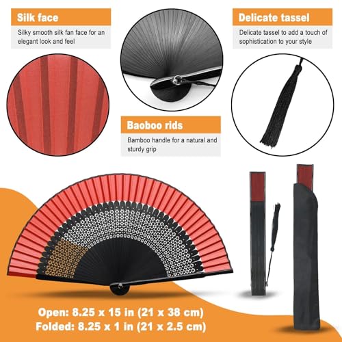 Hand Fan for Women Foldable - Folding Chinese Japanese Vintage Bamboo Silk Fan - Ideal for Hot Flashes, Church, EDM, Festivals, Dancing and Gifts (Sexy Black-Red) - color: Sexy Black-red
