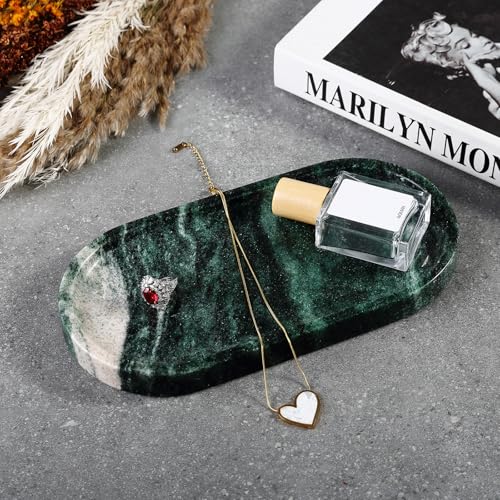 Koville Green Marble Tray for Bathroom Countertop, 10"x5" Natural Marble Vanity Tray Perfume Trays for Dresser, Stone Jewelry Dish Candle Holder for Home Decor, Stone Catchall Trays - color: Verde Lapponia Green