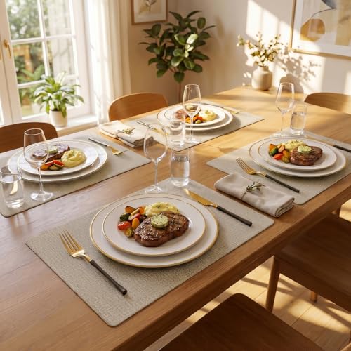 Romanstile Vinyl Placemats Set of 6-12 X 18 Inch - Heat Resistant Place Mats 100% Waterproof Oilproof Wipeable Reversible Faux Leather Table Mats for Kitchen/Dining/Party/Outdoor, Khaki - color: Khaki