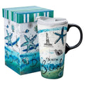 Topadorn 17oz Ceramic Travel Coffee Mug with Lid, Microwave Safe Tea Cup - color: North Beach