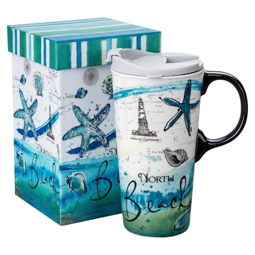 Topadorn 17oz Ceramic Travel Coffee Mug with Lid, Microwave Safe Tea Cup - color: North Beach