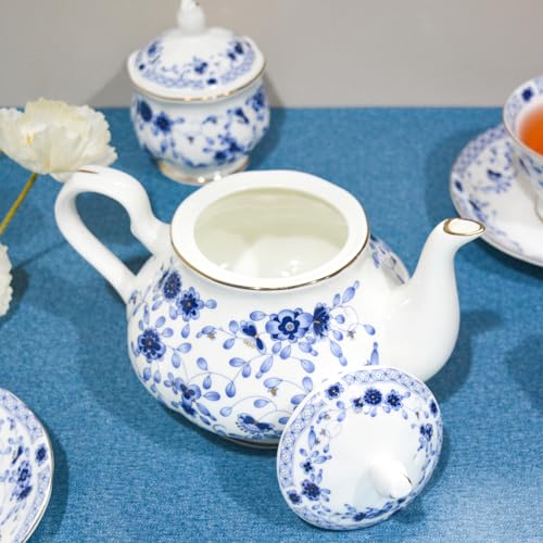Bone China Tea Set, 21-Pieces Porcelain Tea Set for Adults, Tea Cups And Saucers for 6, with Teapot, Spoons, Sugar Bowl, Creamer Pitcher, Vintage Tea Set for Women Tea Party,Gift Box (Blue) - color: Blue