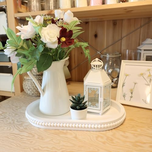 Hrastany White Oval Wood Coffee Table Serving Tray with Beads for Ottoman - color: Oval White, size: 15" x 9" x 1.2"