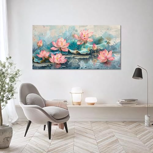 NAN Wind 1Pcs Pink Lotus Flowers Canvas Prints Wall Art Green Leaves and Blooming Water Lilies Framed Wall Decor Ready to Hang Nature-Inspired Floral Decorative Art for Living Room Bedroom Office - color: Pink Lotus-One Piece, size: 40"L x 20"W