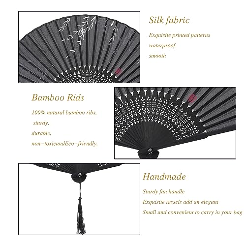 QIRMIZI 5 Pieces Handheld Fans - Elegant Silk Folding Fans with Bamboo Frames,Hollowed Fringe Foldable Fan, Handheld Fan Foldable for Wedding, Party, Gifts, Wall Decoration,02