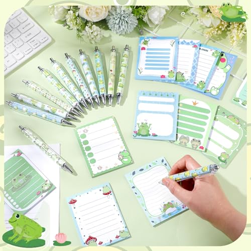 Dispowreath 24 Pcs Frog Sticky Notes with Pens Christmas Themed Gifts Notepad Cute Memo Notes Pads Self Adhesive Black Ink Ballpoint Pen for Frog Lover Gifts Office School Students Teacher Supplies - style: Frog