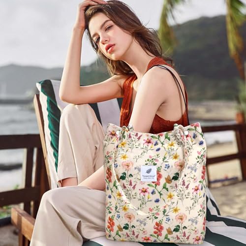 Ayieyill Corduroy Tote Bag for Women Canvas Shoulder Cord Purse with Inner Pocket - color: Beige/Vintage Flowers