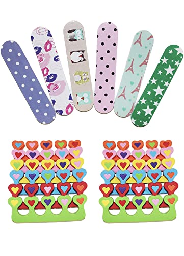6 Pieces Colorful Girly Mini Emery Nail Files + 6 Pairs Heart Design Toe Separators Manicure/Pedicure Kit Kid Spa Party (Pack of 1) - size: 12 Piece Set