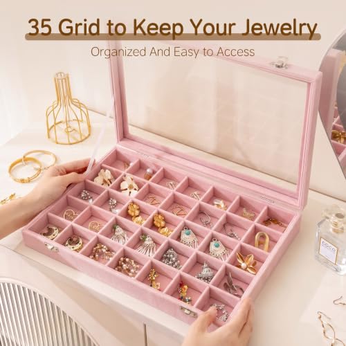 Frebeauty 35 Grid Earring Organizer,Velvet Jewelry Tray with Clear Lid - color: Pink, size: 35 Grid