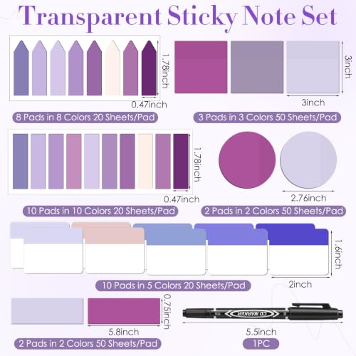 Glenmal Transparent Sticky Note Set, 910 Sheets,Purple - color: Purple
