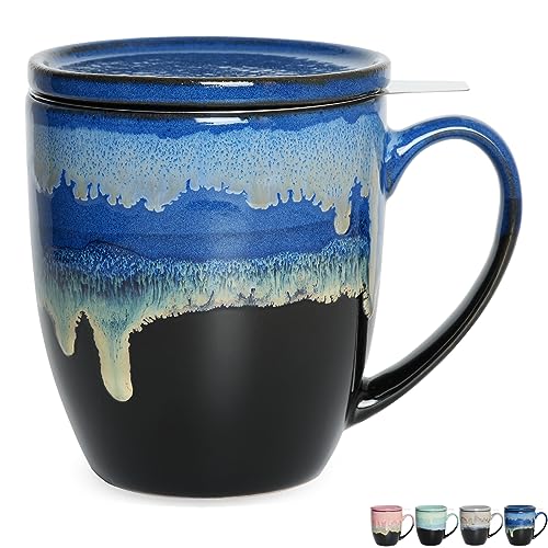 Bosmarlin Ceramic Tea Cup with Infuser and Lid, 16 Oz, 4 Color to Choose Dishwasher and Microwave Safe, Steeping Tea Mug with Strainer (Blue) - color: Blue
